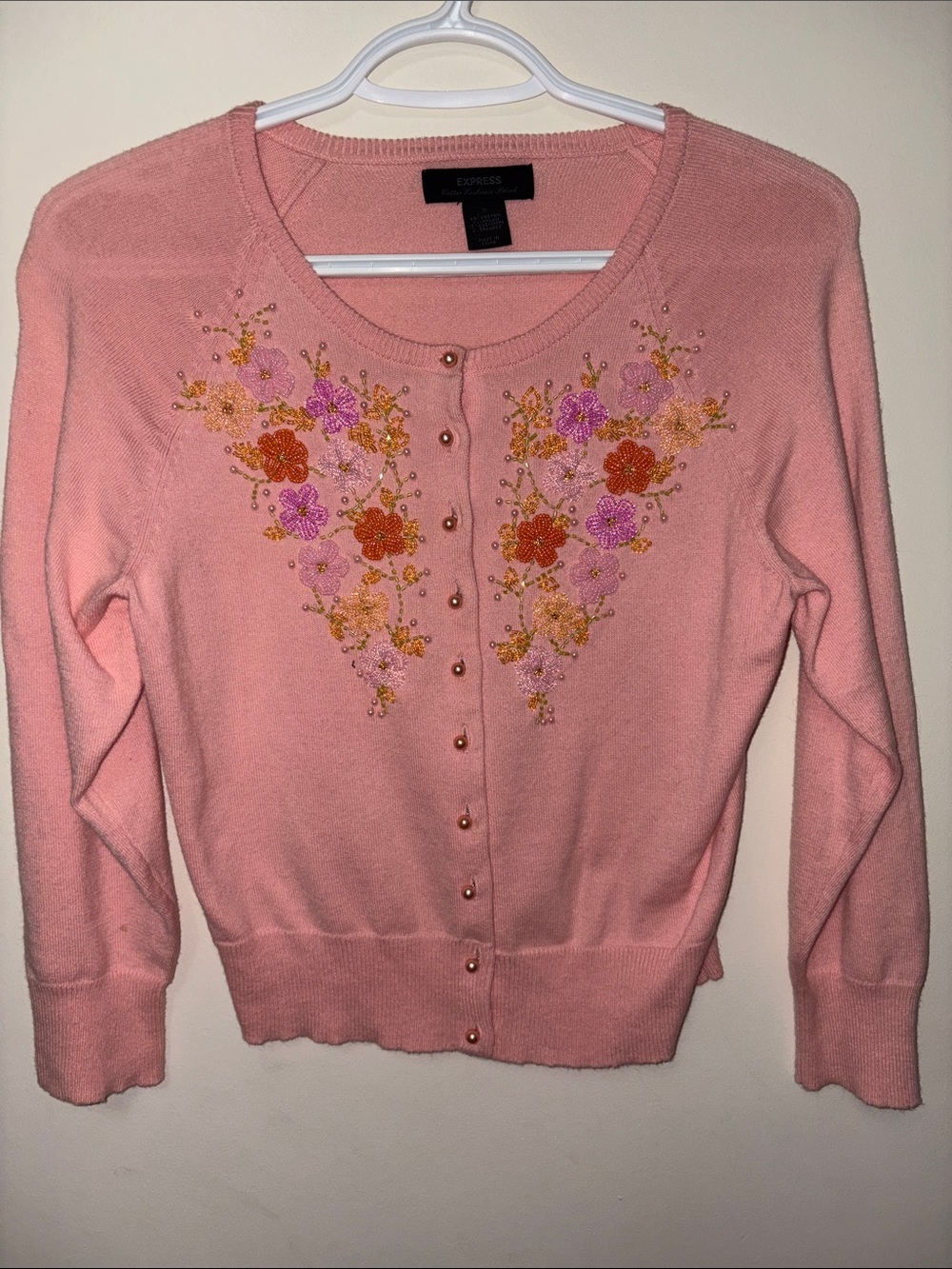 Express Pink Floral Embroidered Button Cardigan
